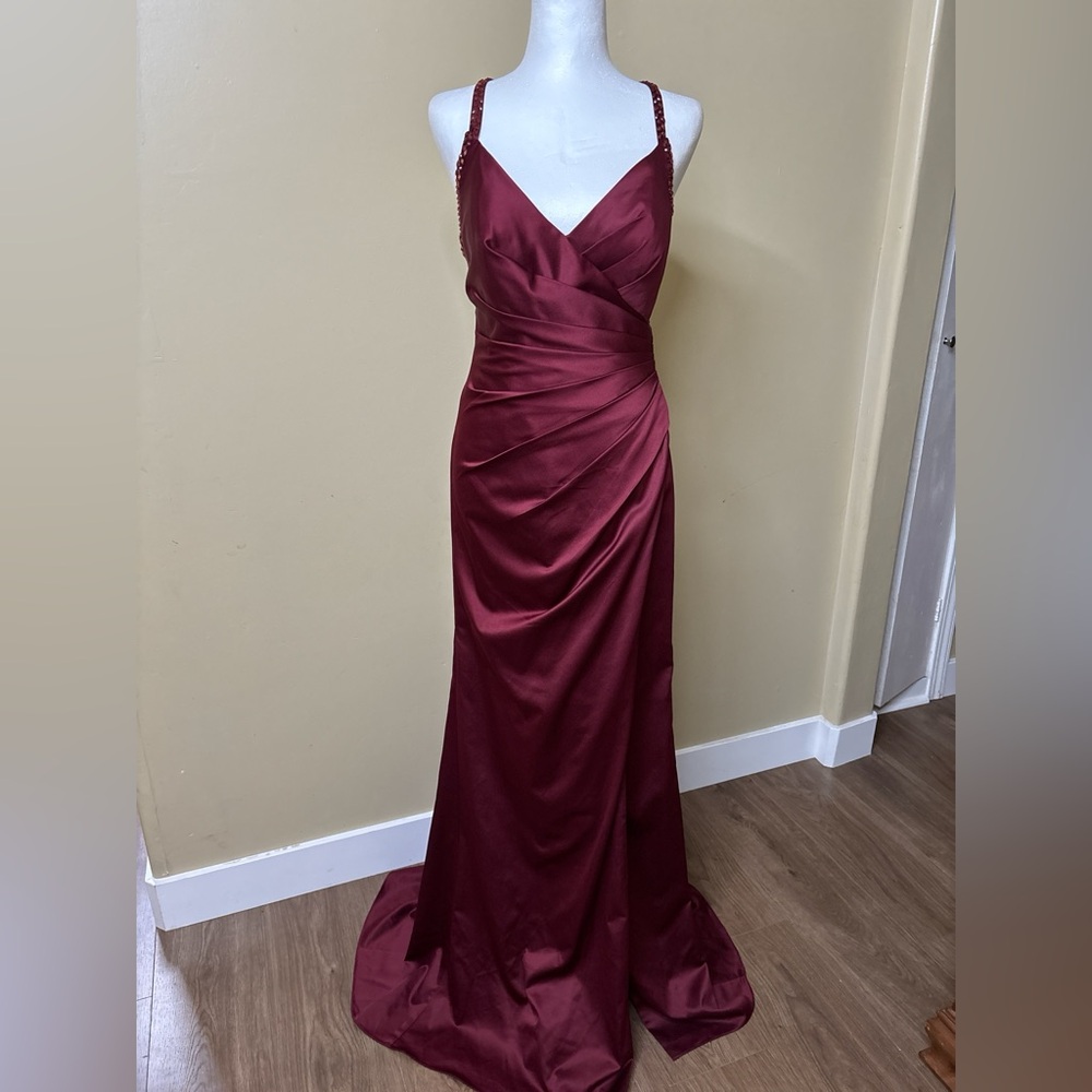 La Femme Burgundy Satin Ruched Spaghetti Strap Prom Gown